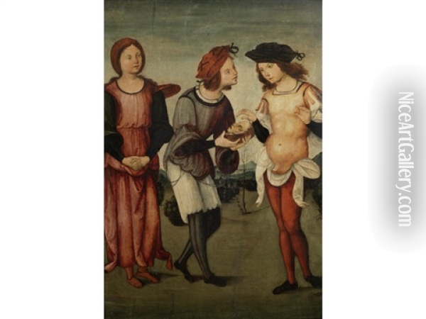 Three Figures With The Head Of John The Baptist(?) Oil Painting - Lorenzo Costa