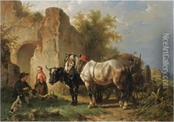 Hay-time, Resting Figures Near An Ox And Horse Oil Painting - Wouterus Verschuur