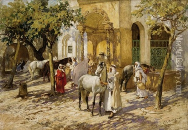 Chevaux A La Fontaine De Birkadem, Alger Oil Painting - Frederick Arthur Bridgman