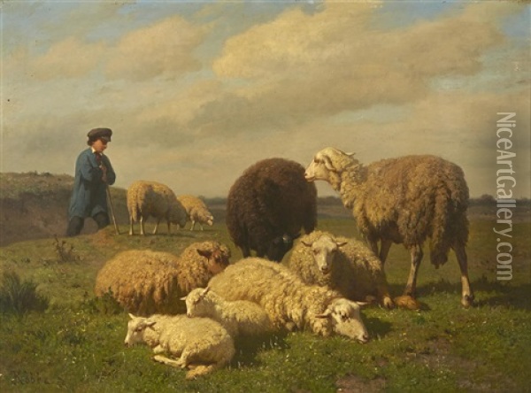 A Shepherd Tending His Sheep Oil Painting - Louis Robbe