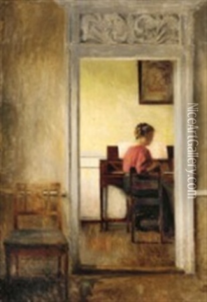 Interior With The Painter's Wife In Red Blouse Sitting At A Spinet Oil Painting - Peter Vilhelm Ilsted