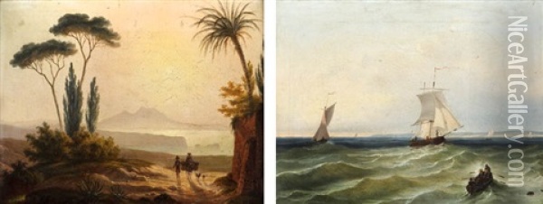 Para Obrazow - Pejzaz Z Wedrowcami I Statki Na Morzu (pair) Oil Painting - Janvier (January) Suchodolski