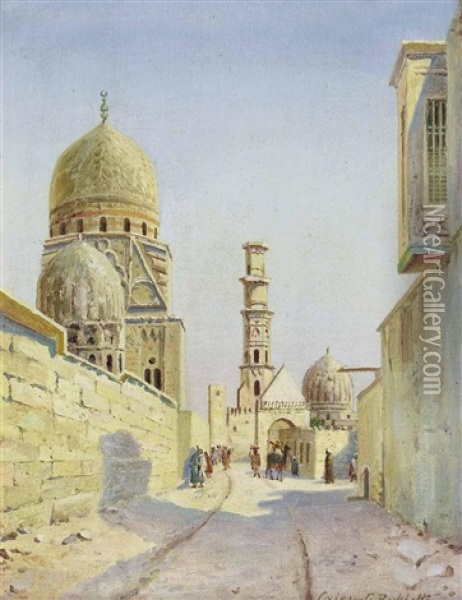 Belebte Strase In Kairo Mit Ibn-tulun-moschee Oil Painting - Gustav Rockholtz