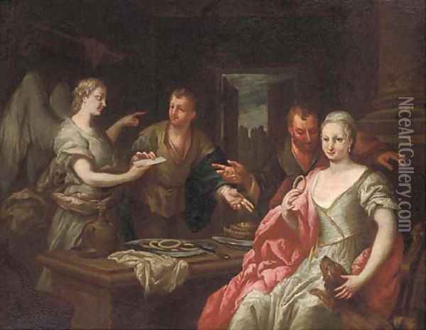 An Angel appearing as a messenger to a family in an interior Oil Painting - Giacomo Ceruti (Il Pitocchetto)