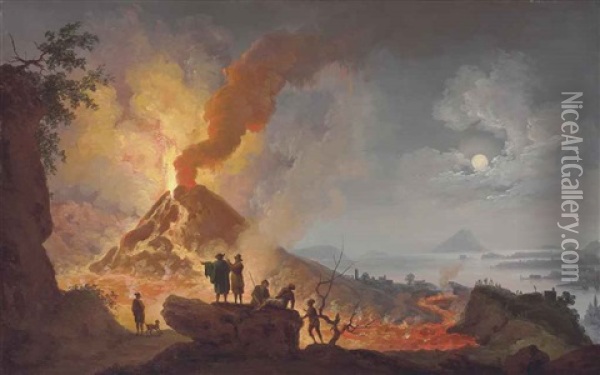 Mount Vesuvius Erupting By Night Seen From The Atrio Del Cavallo With Spectators In The Foreground Oil Painting - Pierre Jacques Volaire