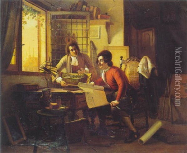 Pierre Le Grand Er Le Maire D'amsterdam Etudiant La Construction D'un Navire En 1697 Oil Painting - Jacobus Schoemaker Doyer