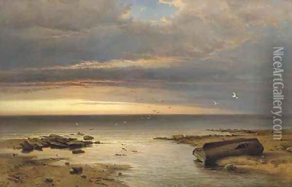 Daybreak night and storm have stolen away and nothing now upon the shore tells the tale of yesterday but a wrecked hope, no calms restore Oil Painting - George Edwards Hering