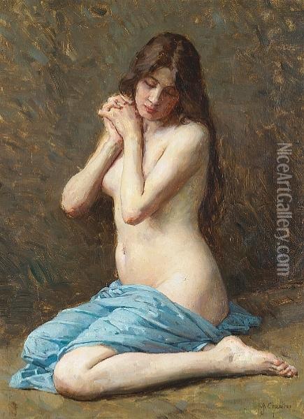 A Seated Nude With A Blue Drape Oil Painting - Alexandre Jacques Chantron