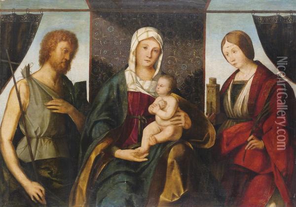 Madonna Col Bambino, San Giovanni Battista E Santa Barbara Oil Painting - Boccaccio Boccaccino