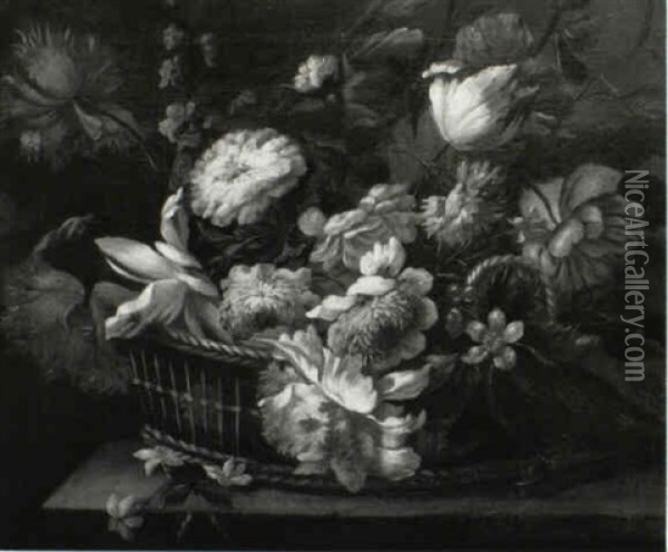 Still Life Of Flowers In A Basket On A Ledge Oil Painting - Nicolas Baudesson