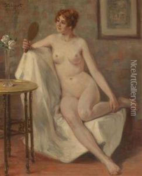 Sitting Female Nude Oil Painting - Viktor Schivert