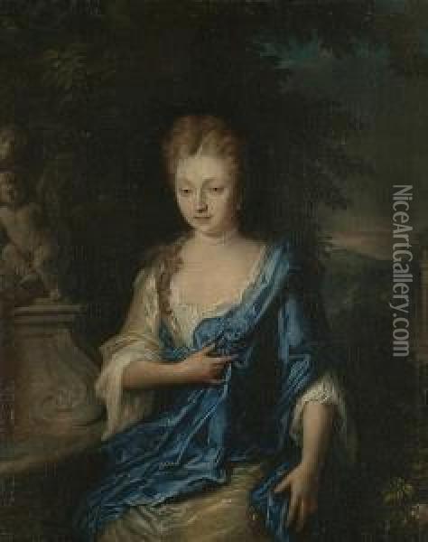Portrait Of A Lady Wearing A White And Blue Dress, Seated In A Garden Oil Painting - Constantin Netscher