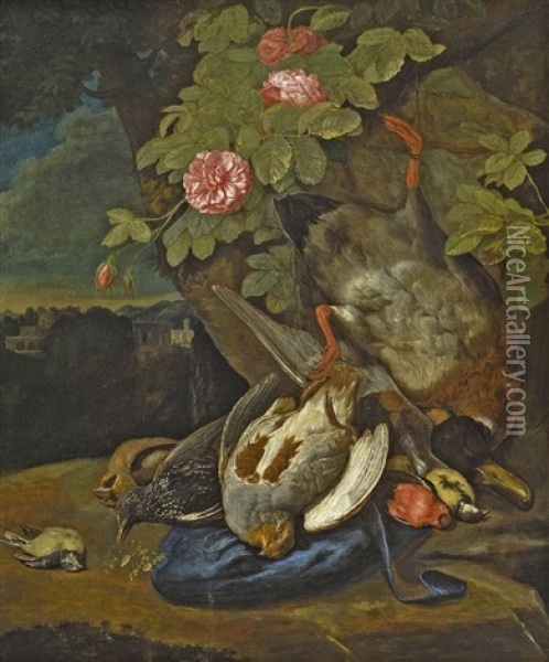 Jagdstillleben Mit Einer Erlegten Ente, Rebhuhnern, Meisen Und Einem Dompfaff Oil Painting - Peter (Pieter Andreas) Rysbrack