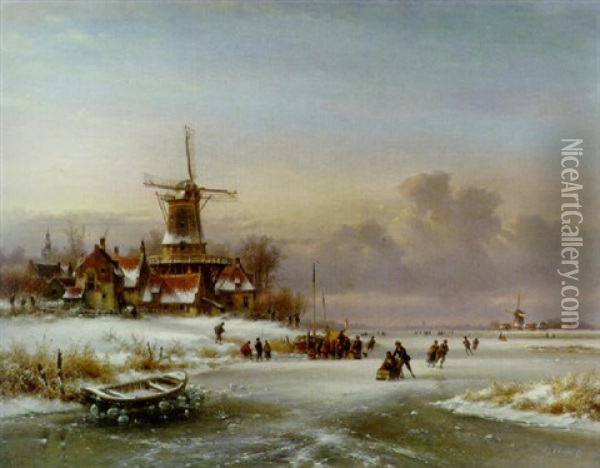 A Winter Landscape With Figures On A Frozen River By A Windmill Oil Painting - Lodewijk Johannes Kleijn