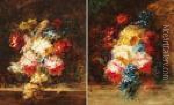 Gerbe De Fleurs, Roses, Giroflees, Clematites Oil Painting - Narcisse-Virgile D Az De La Pena