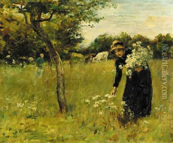 The artist's wife picking flowers Oil Painting - Mark Fisher