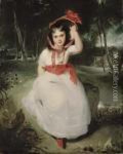 'the Woodland Maid': Portrait Of
 Miss Emily De Visme (1787-1873), Full-length, Seated In A Wooded 
Landscape, In A White Dress With A Pink Sash And A Straw Bonnet With Red
 Ribbons Oil Painting - Sir Thomas Lawrence