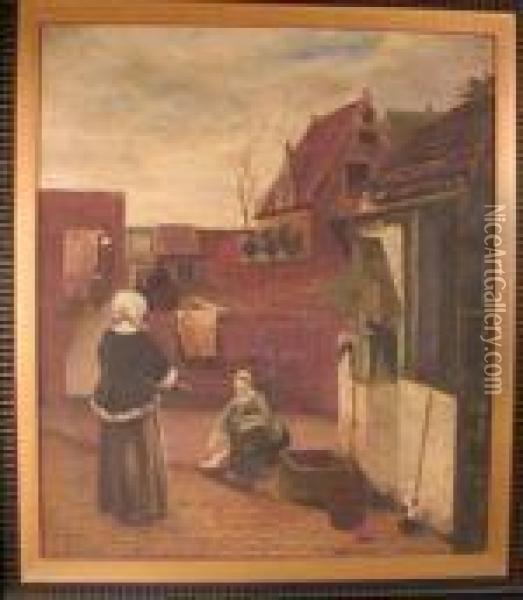 A Womanand Her Maid In A Courtyard Oil Painting - Pieter De Hooch