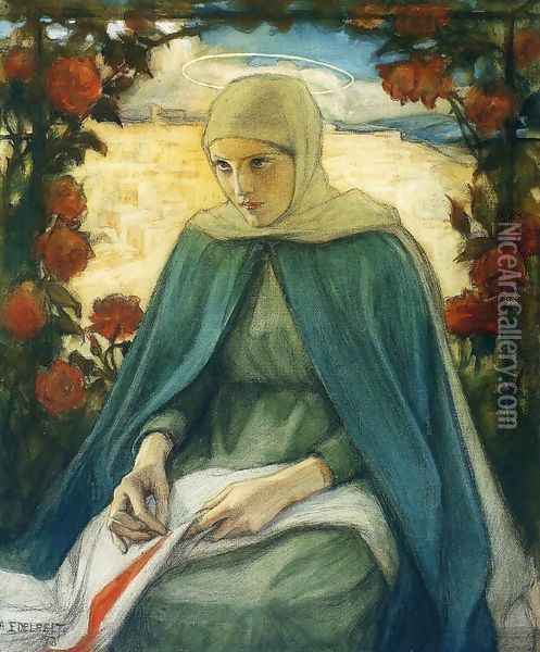 The Virgin Mary in the Rose Garden Oil Painting - Albert Edelfelt