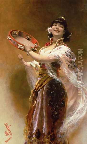 Gypsy Girl with a Tambourine Oil Painting - Alois Hans Schram