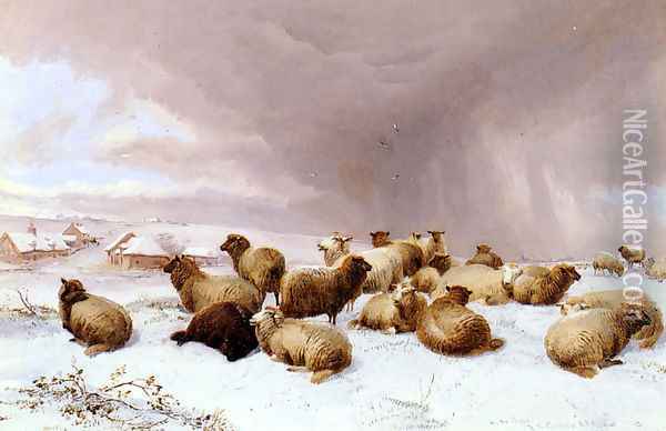 Sheep In Winter Oil Painting - Thomas Sidney Cooper