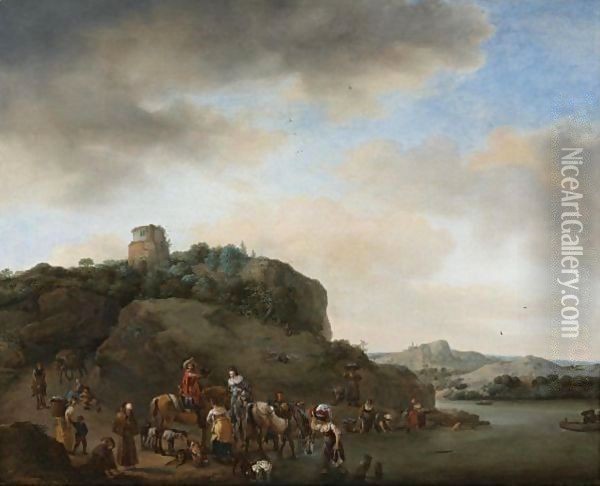 Landscape With A Hawking Party Stopped By A River Oil Painting - Philips Wouwerman