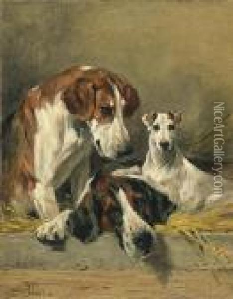 Two Foxhounds And A Terrier In A Straw Bed Oil Painting - John Emms