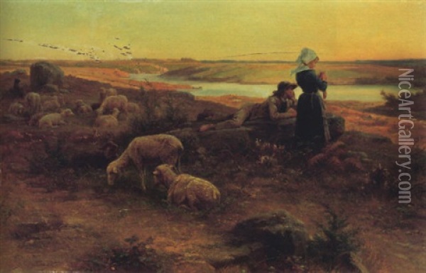 Junge Schafhirten In Abendlicher Flusslandschaft Oil Painting - Paul Dominique Philippoteaux