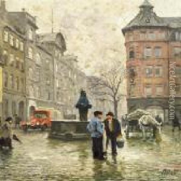 View Of The Fountain With The Lion Heads At Vandkunsten Incopenhagen Oil Painting - Paul-Gustave Fischer