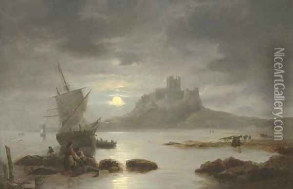 Bamburgh Castle by moonlight, with figures and boats in the foreground Oil Painting - James Wilson Carmichael