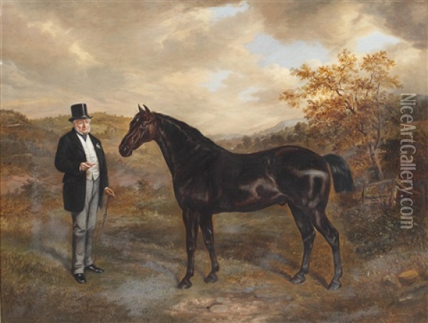 A Gentleman And His Black Hunter In A Landscape Oil Painting - Benjamin Cam Norton