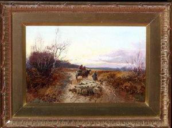 A Country Road With A Horse Cart, A Shepherd And Flock Oil Painting - William Manners