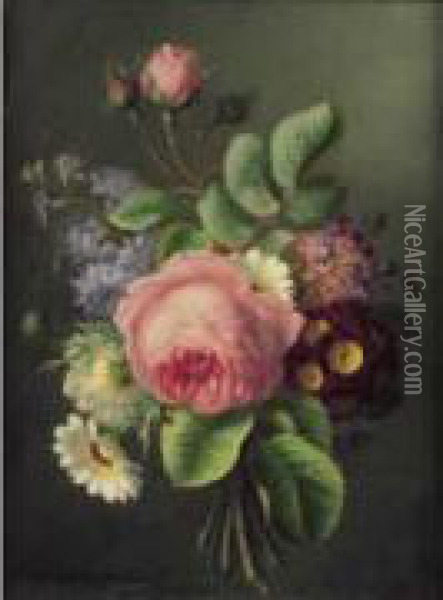 Bouquet De Fleurs Retenu Par Un Ruban. Oil Painting - Ange Louis Guillaume Lesourd De Beauregard