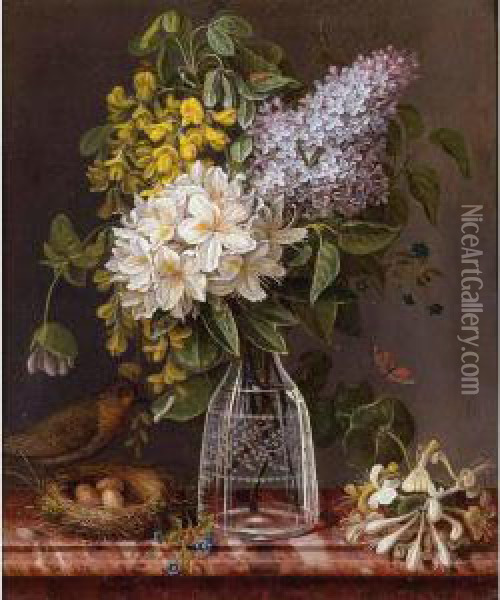 Still Life Of Lilacs And Other Flowers In A Glass Vase, Sprigs Of Honeysuckles, And A Bird Perched On A Nest, All Resting On A Marble Ledge Oil Painting - Theodore Jozef Sax