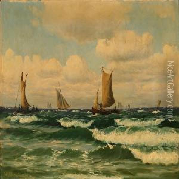 Seascape Withsailing Ships Off The Coast Of Kullen, Sweden Oil Painting - Christian Vigilius Blache