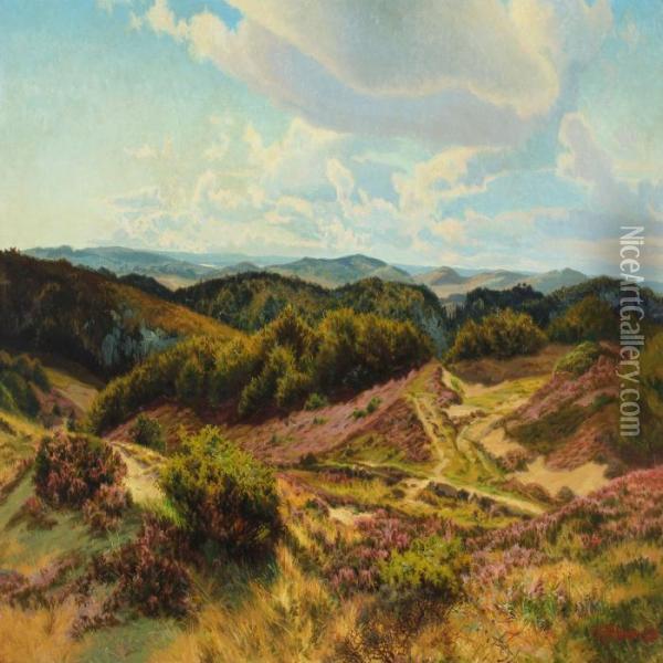 Moor Landscape With Heather In Bloom Oil Painting - Carl Milton Jensen