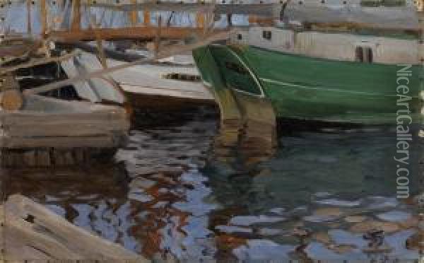 Boats In Arkhangelsk Port Oil Painting - Sergey Arsenievich Vinogradov