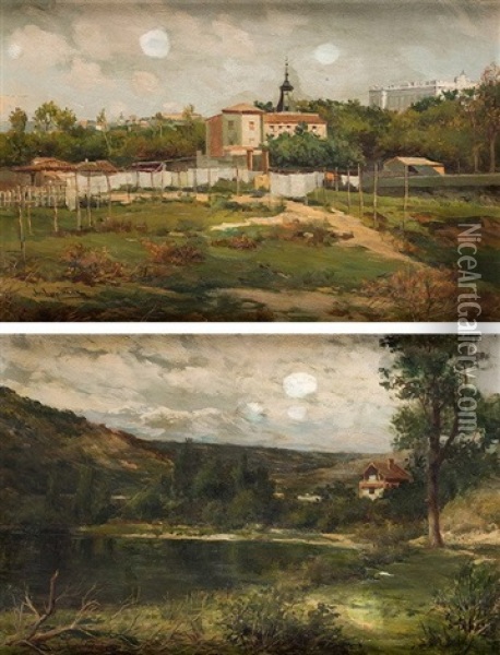 Vista De Madrid Y Casa De Campo Con Lago Oil Painting - Jose Lupianez y Carrasco