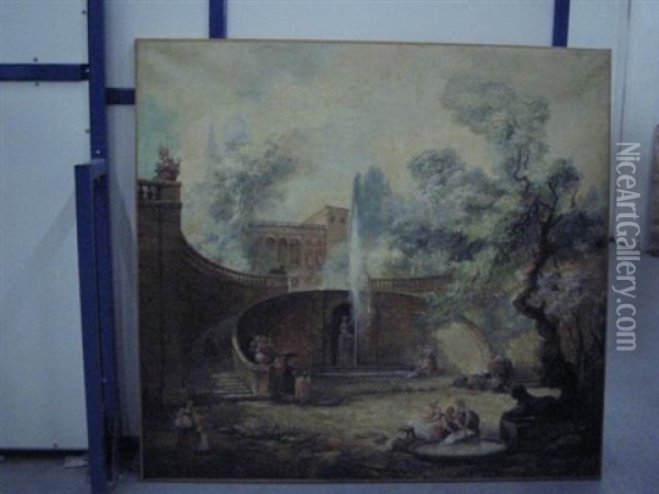 Lavandieres Au Pied D'une Fontaine Pres D'un Escalier Oil Painting - Hubert Robert