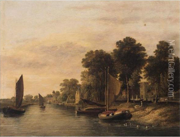 Barges On The River Waveney With Thorpe Church Oil Painting - James Stark