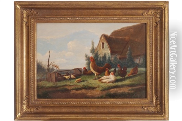 Chickens In A Farmyard Oil Painting - Jef Louis Van Leemputten