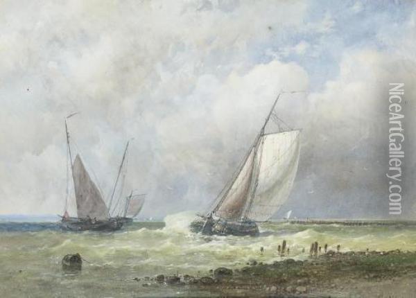 Dutch Barges In A Stiff Breeze On The Estuary Oil Painting - Abraham Hulk Jun.