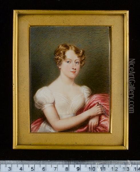 A Lady, Wearing White Dress With Short Puff Sleeves And Cerise Cloak With Embroidered Trim Oil Painting - Emma Eleonora Kendrick