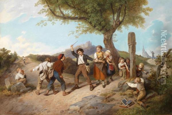 Childrenfighting Oil Painting - Johann Grund