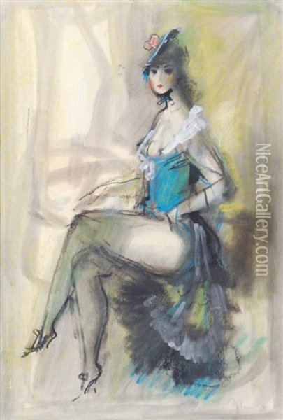 Revue Girl In A Blue Corsage Oil Painting - Konstantin Ivanovich Rudakov