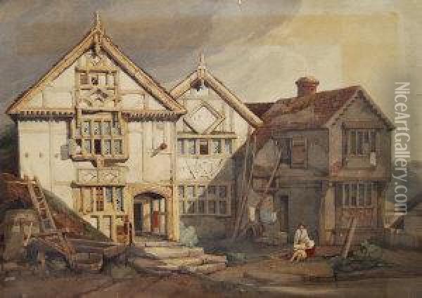Figures By An Old Timbered Dwelling Oil Painting - Charles Claude Pyne