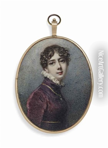 Lady Charlotte Townshend (1776-1856), In Aubergine High-collared Dress With White Ruffled Collar, Wearing A Gold Necklance With Pendant Around Her Neck Oil Painting - Anne Mee