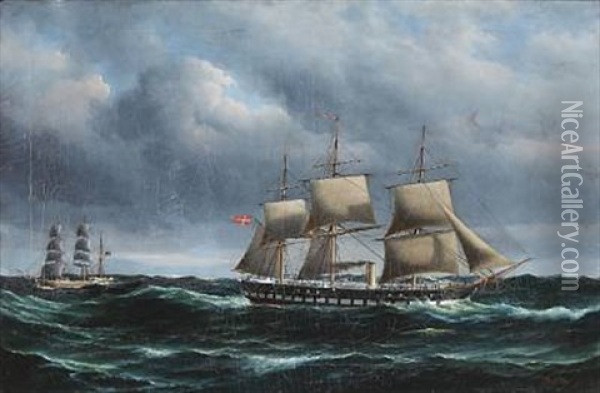 Seascape With The Frigate Jylland On Open Sea Oil Painting - Peder Nielsen Foss