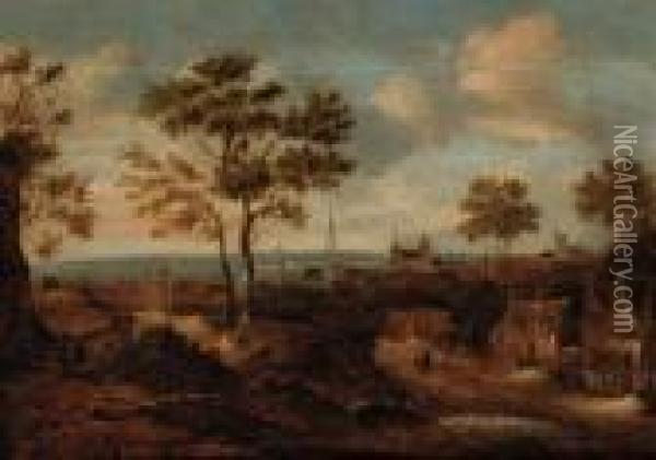 A Wooded Landscape With A View Of A Town Oil Painting - Claes Molenaar (see Molenaer)
