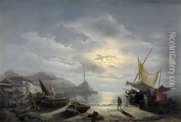 Der Hafen Von Genua Im Mondschein Oil Painting - Joseph Heinrich Ludwig Marr
